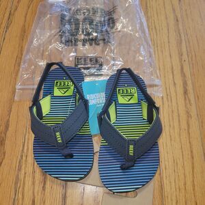 New REEF Little Uni Aqua Green Stripe Boys Size 5 Back Strap Flip Flop Sandals